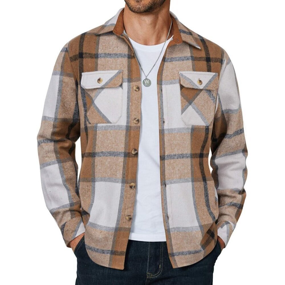 Coofandy Men Khaki Flannel Plaid Button Down Jacket Shirt with Pockets